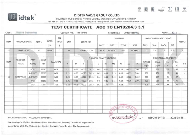 Certificato di prova della valvola di gate ACC a EN10204.3 3